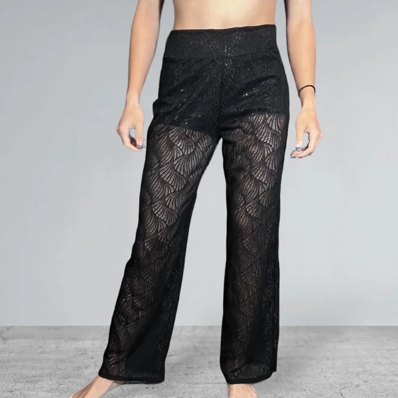 Black Beach Wave Mesh Wide Straight Leg Relaxed Fit Pants