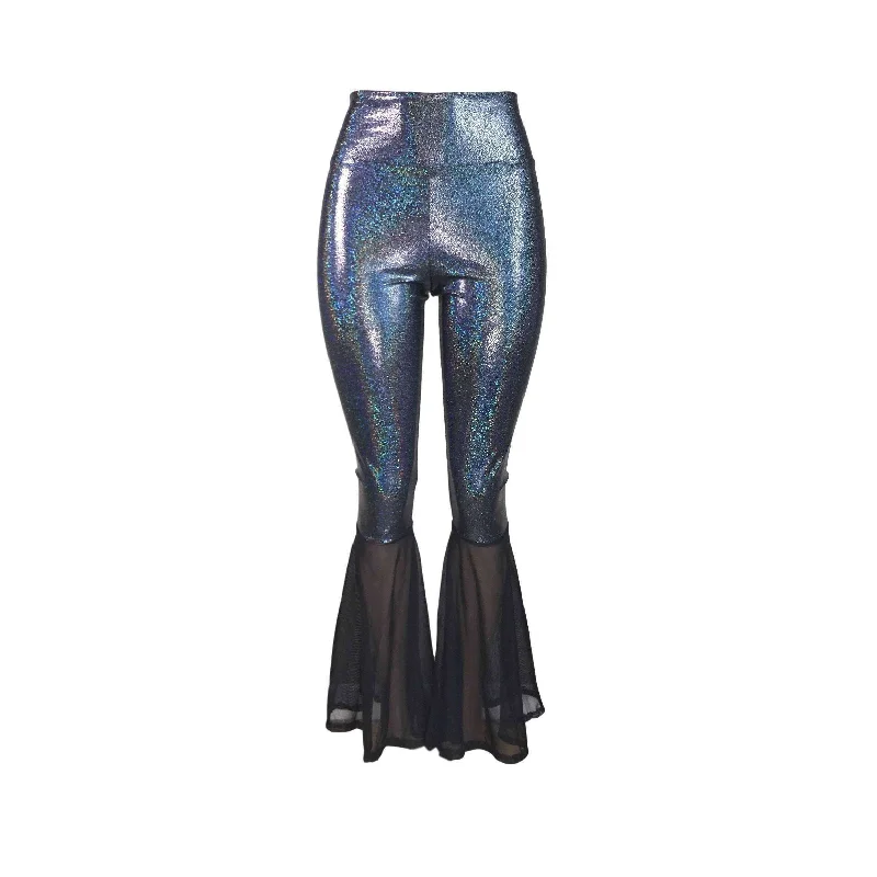 High Waist Bell Bottoms - Black Holographic & Black Mesh