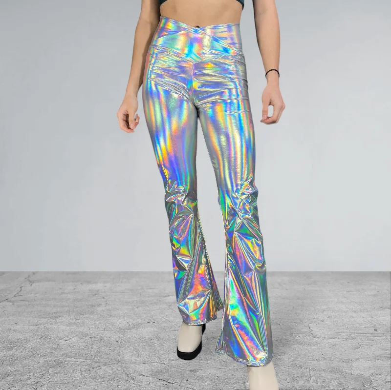 Crossover V-Waist Bootcut Flare Pants - Opal Holographic