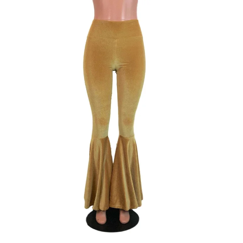 High Waisted Bell Bottom Flares - Gold Velvet