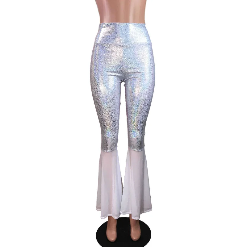 White Holographic Bell Bottoms w/ White Mesh Flares