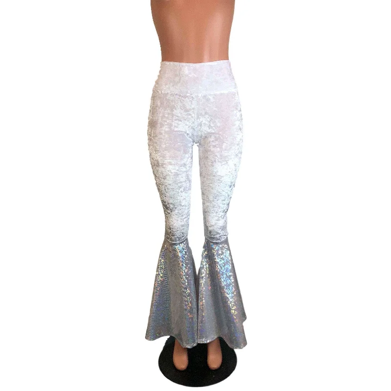 High Waisted Bell Bottom Flares - White Crushed Velvet w/ Silver Shattered Glass