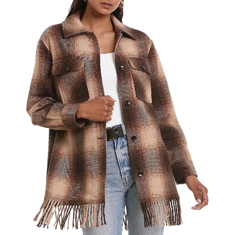 Bagatelle Womens Plaid Fringe Shirt Jacket