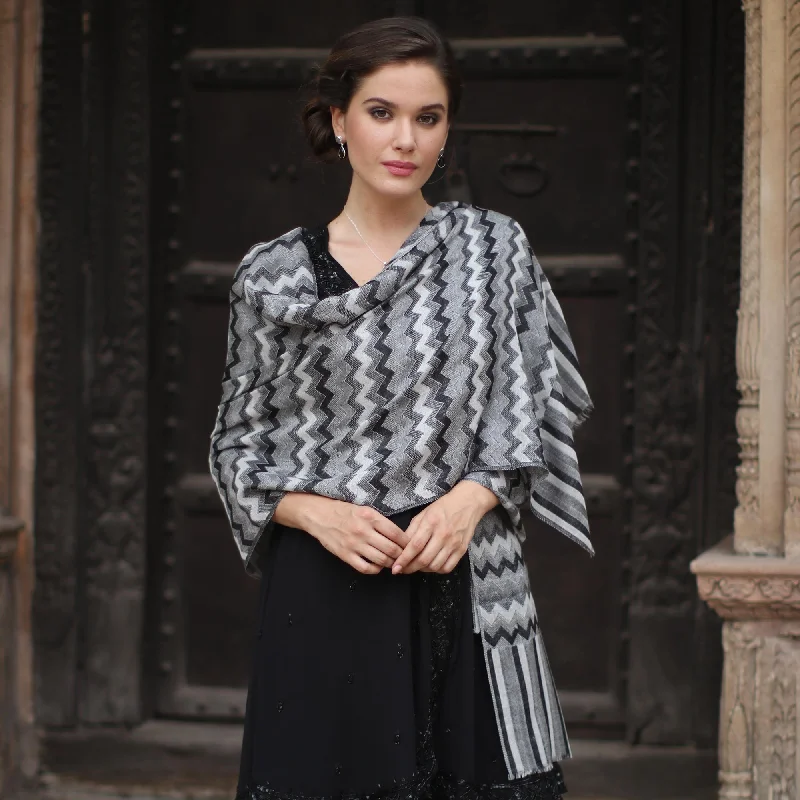 Grey Delight Hand Woven Wool Shawl from India in Grey, Black, and White