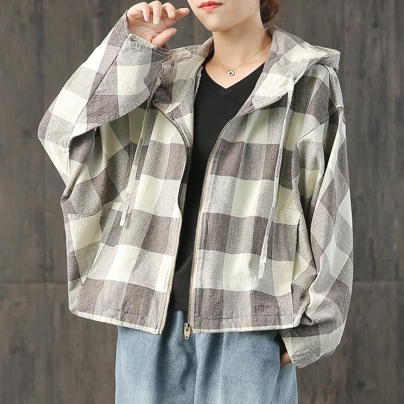 Handmade brown Plaid linen coat hooded Batwing Sleeve Knee fall coat