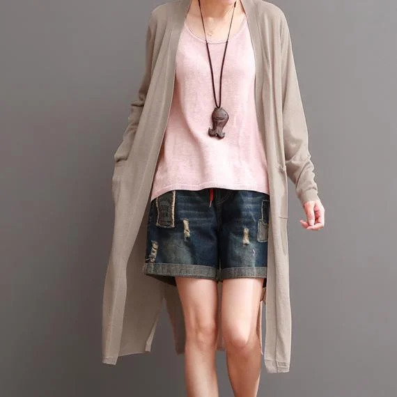 Khaki summer linen maxi coats cotton long sleeve coats