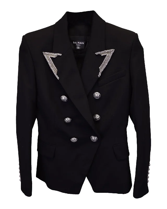 Embroidered Lapel Double Breasted Black Blazer in Wool