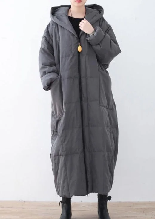 New Gray Thick Down Coat Oversized Zippered Down Jacket Hooded Cardigans