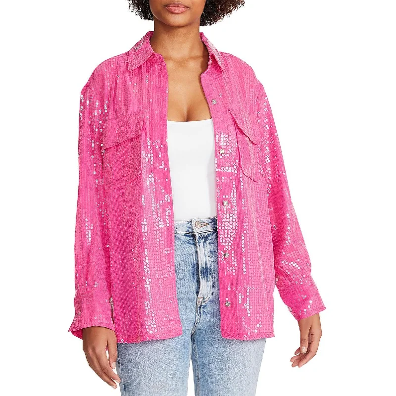 Steve Madden Womens Sequined Long Sleeve Shirt Jacket