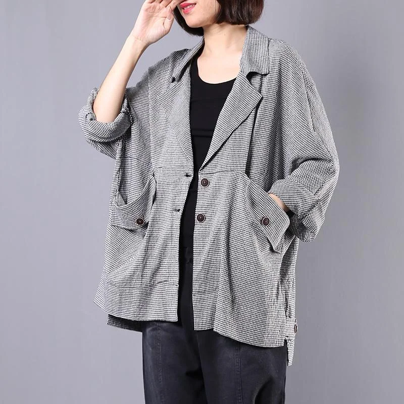 Style Big Pockets Linen Cotton Clothes Black Plaid Tunic Short Coats Fall