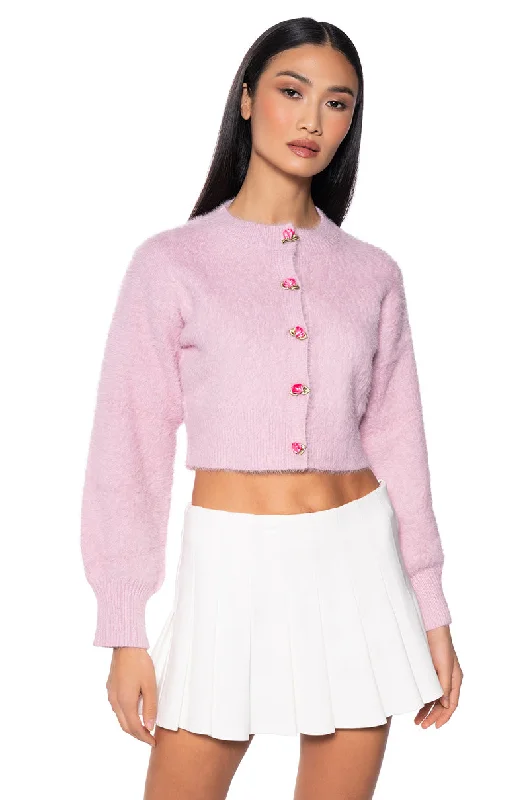 TOO CUTE FLOWER BUTTON FUZZY CARDIGAN