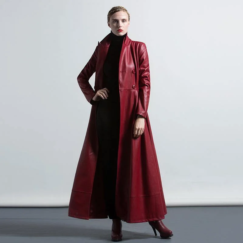 winter red PU solid color warm long  coats double breast elegant maxi trench coat