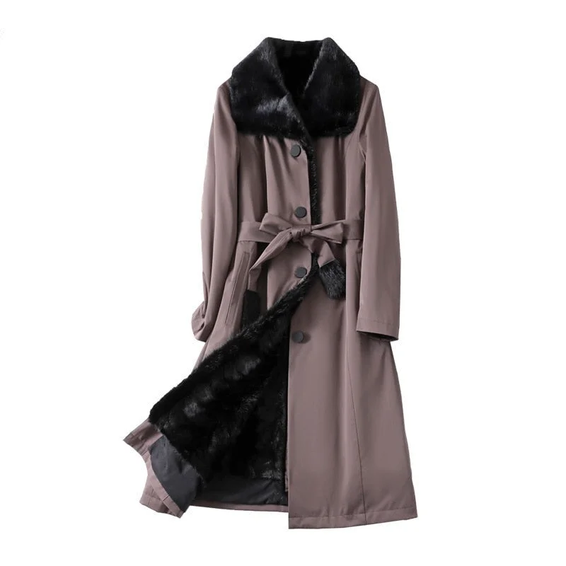 Women's Warm Winter Mink Fur Liner Belt Detachable Long Coat