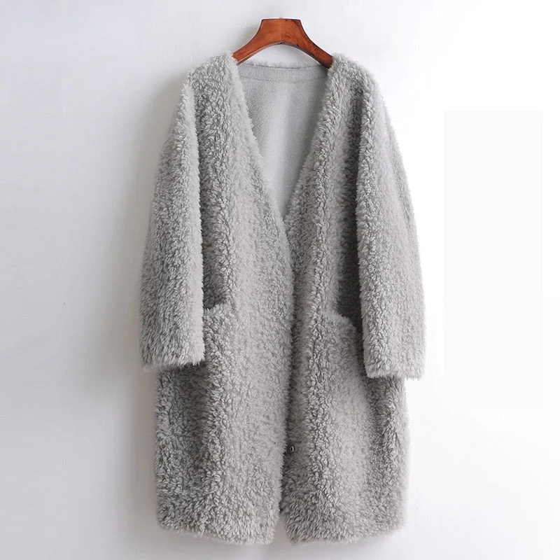 Women's Winter Deep V-neck Wool Fur Korean Long Casual Coats