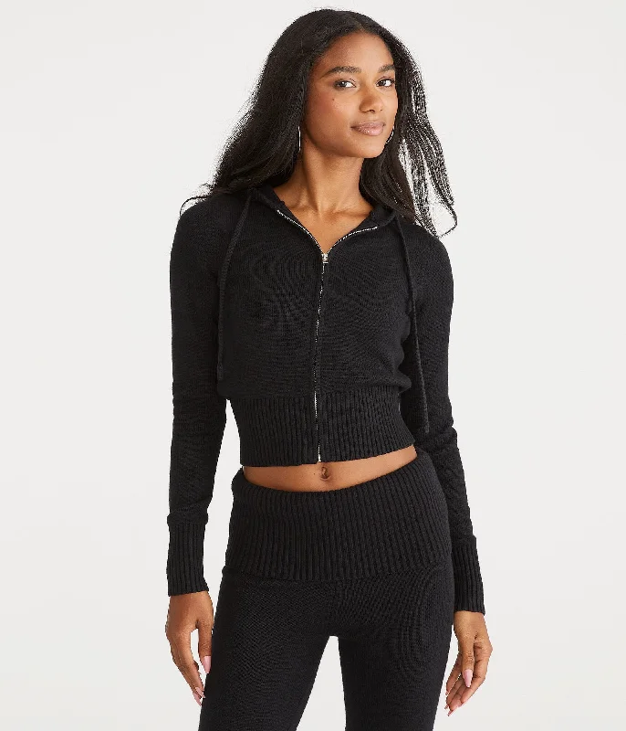 Aeropostale Solid Cropped Full-Zip Hooded Sweater