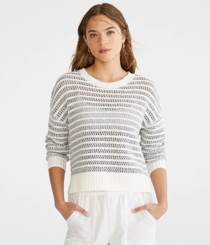 Aeropostale Striped Open Knit High-Low Crew Sweater