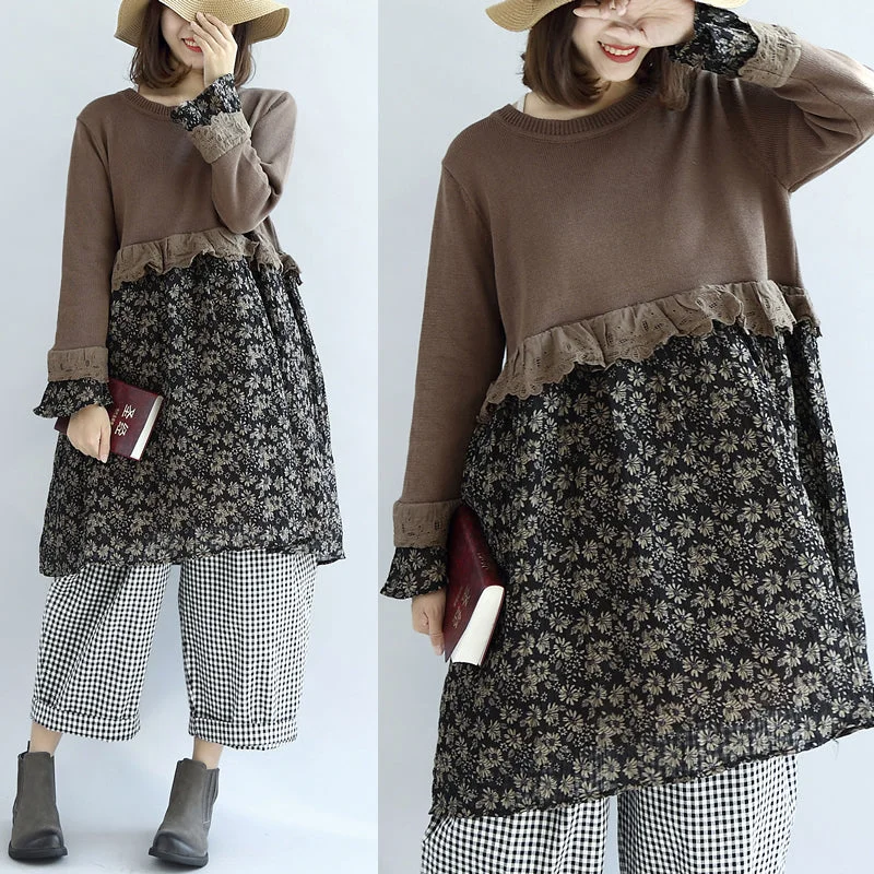 Chocolate vintage floral patchwork sweater dresses knit pullover shift dress