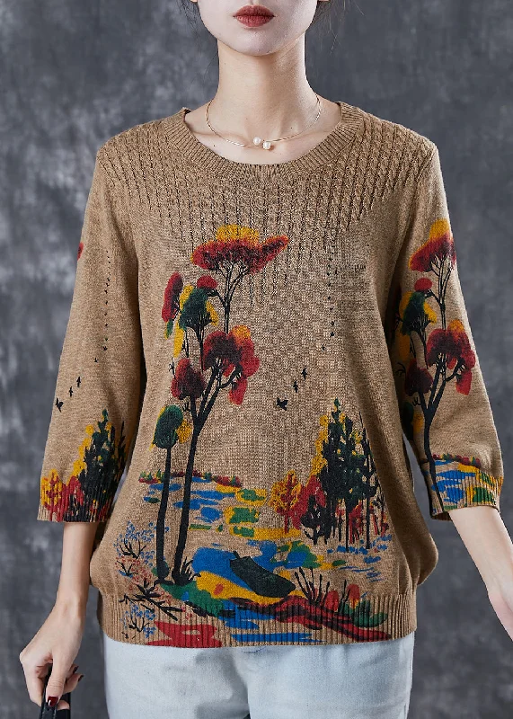 Coffee Print Knit Sweater Tops Oversized Spring