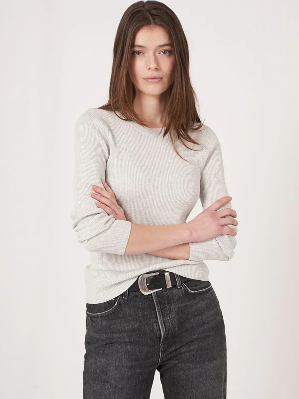 Cotton Blend Fine Rib Knit Round Neck Sweater Ice