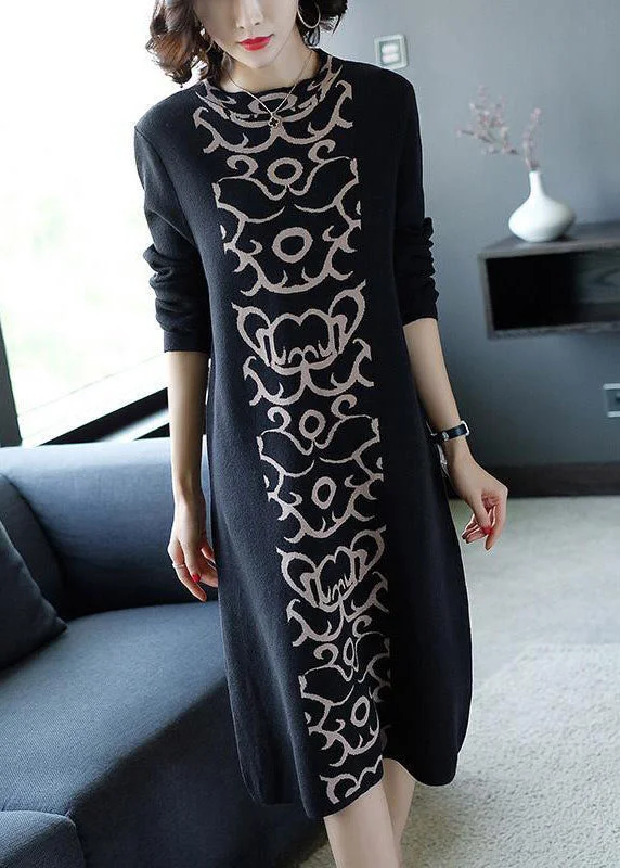 French Black Stand Collar Print Knit Sweater Dress Winter