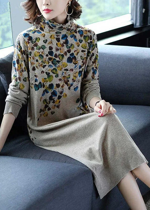 Modern Khaki Turtle Neck Print Side Open Knit Sweater Dress Winter