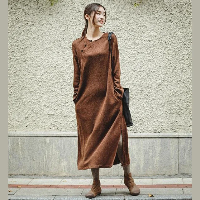 New Loose Brown Knitted Maxi Dresses Women Casual Clothes