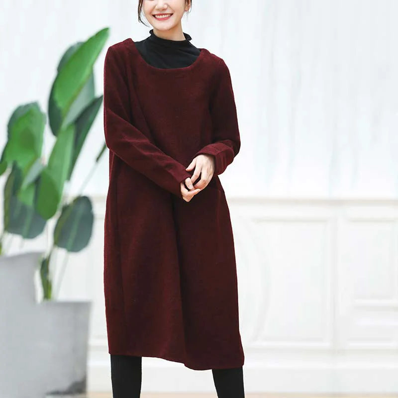 warm burgundy knit dresses oversized O neck sweater casual baggy dresses pullover sweater