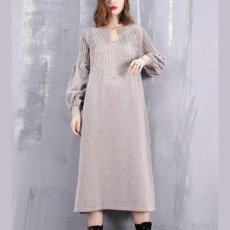 warm khaki sweater dress oversized v neck winter dress New baggy Cinched winter dresses