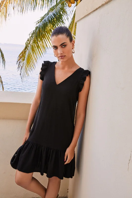 Black Ruffle Sleeve Tie Back Mini Dress With Linen