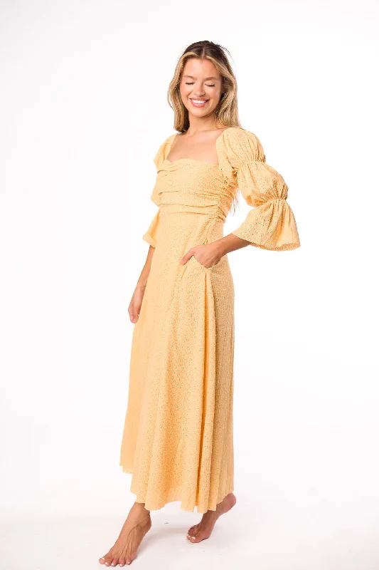 Corrine Tiered Sleeve Maxi Dress with Pockets in Autumn Mustard - Bump Friendly