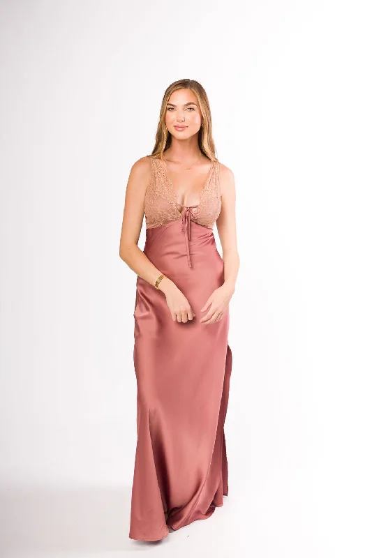 Christina Lace & Satin Contrast Maxi Dress in Blushed Cashmere