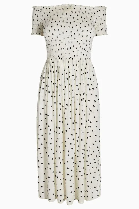 Polka Dot Shirred Midi Dress