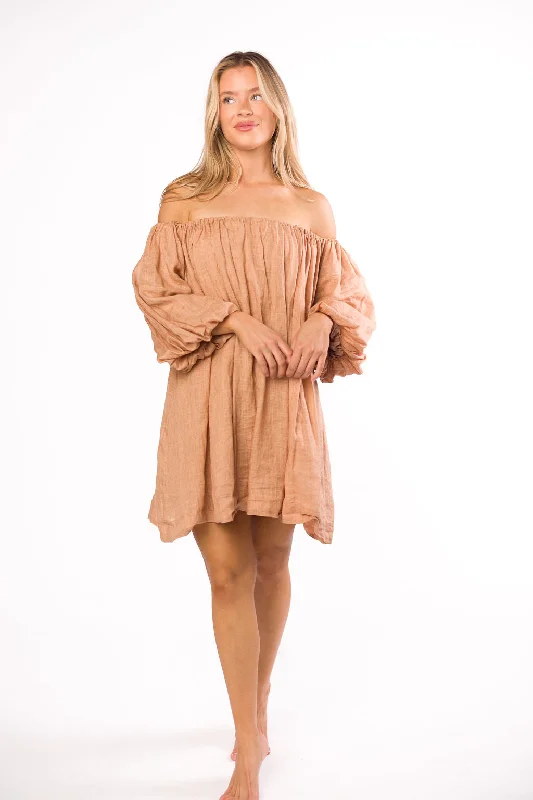 Cassidy 100% Linen On/Off Shoulder Mini Dress in Mocha