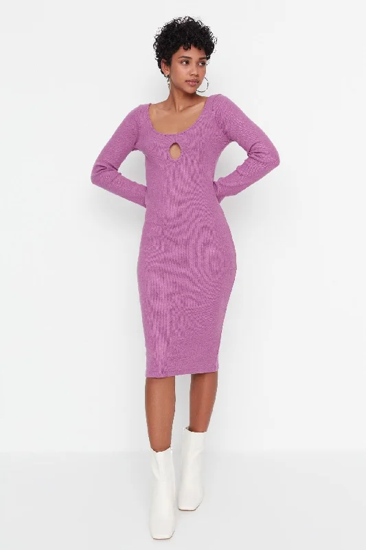 Purple Knit Midi Cut out Dress