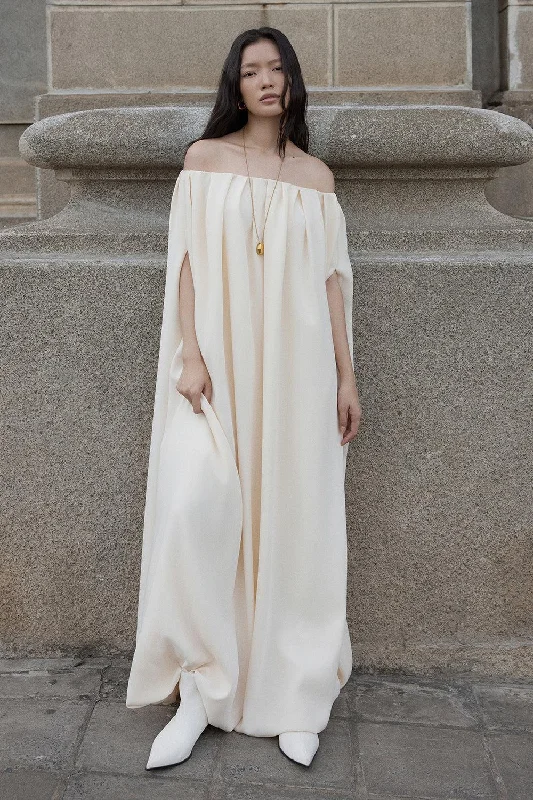 Katherine Straight Off-Shoulder Crepe Floor Length Dress