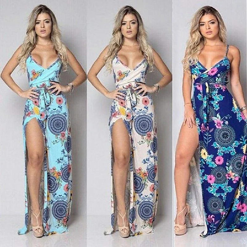 FashionSierra - New Women Summer Vintage Boho Sleeveless Long Maxi Dress Ladies V-Neck Fashion Beach Party Dress Sundress