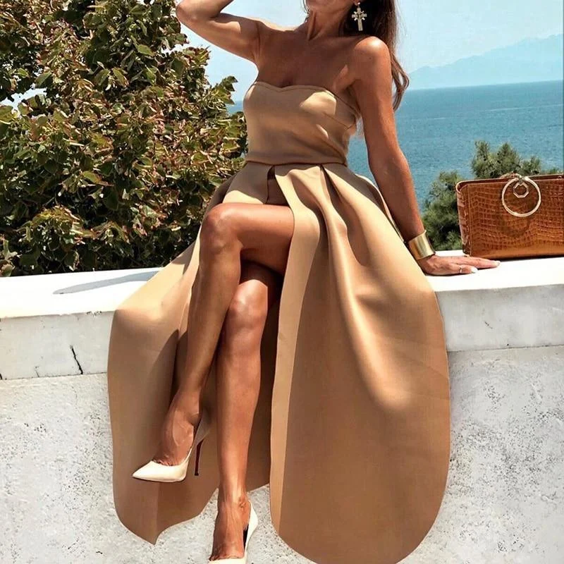 FashionSierra - Off Shoulder Party Dress Women Solid Khaki Strapless Dress Elegant Back Zipper Slit Holiday Maxi Dresses High Slit Vestido Mujer