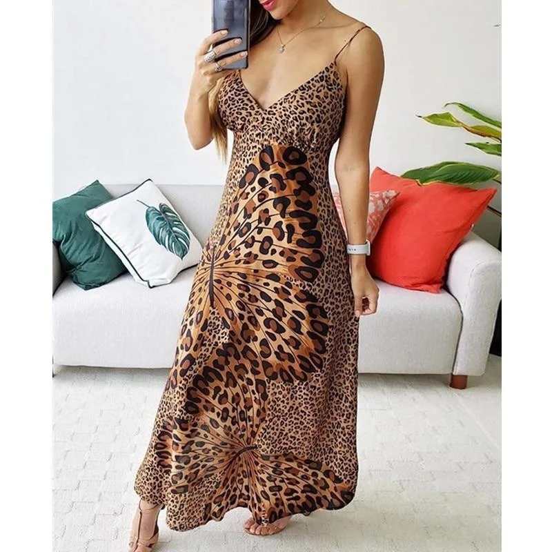 FashionSierra - Butterfly leopard print long dress Women spaghetti strap summer dress Casual beach a line dresses robe femme