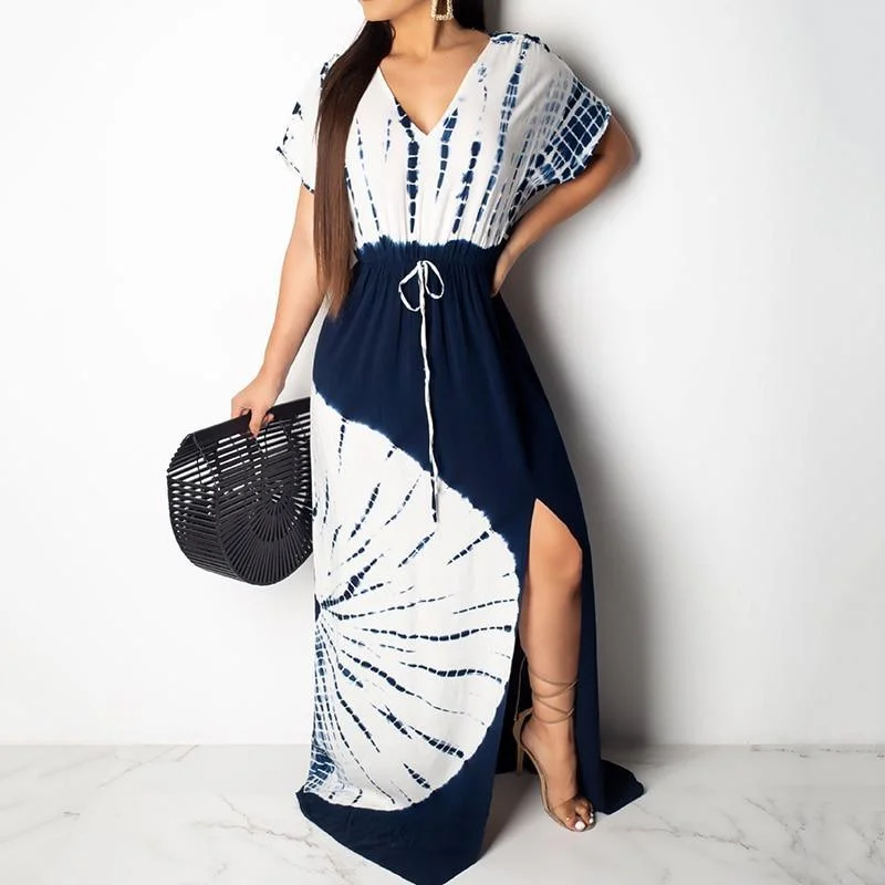 FashionSierra - Side split lace up long dress Women short sleeve v neck summer beach dress Vintage print maxi dresses robe femme vestidos