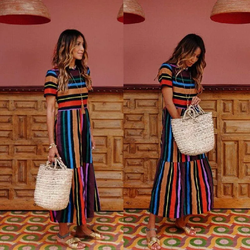 FashionSierra - Summer Holiday Dress Women Stripe Boho Short Sleeve Long Maxi Dress New Ladies Casual Beach Sundress