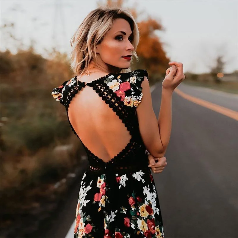 FashionSierra - Women Boho Backless Irregular Floral Pinted Dress Summer Deep V Trim Long Maxi Dresses Open Back Party Bohemian Vestidos