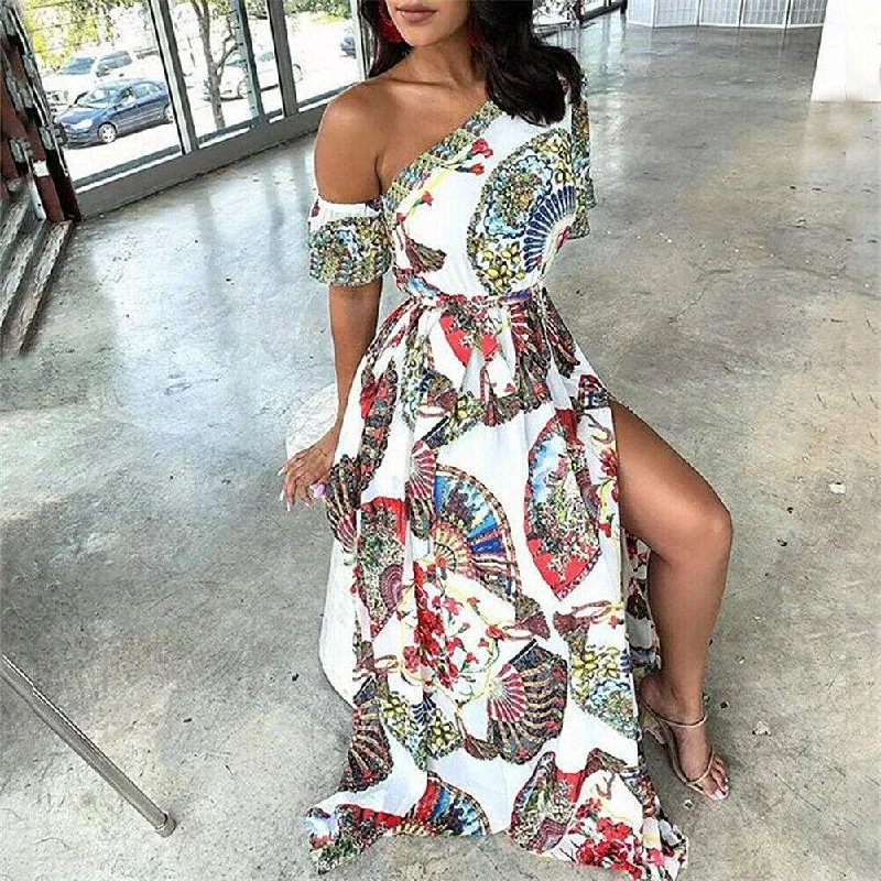 FashionSierra - Women's Boho Maxi Dress Fashion Ladies Casual One Shoulder Floral Holiday Summer Beach Evening Party Long Sundress