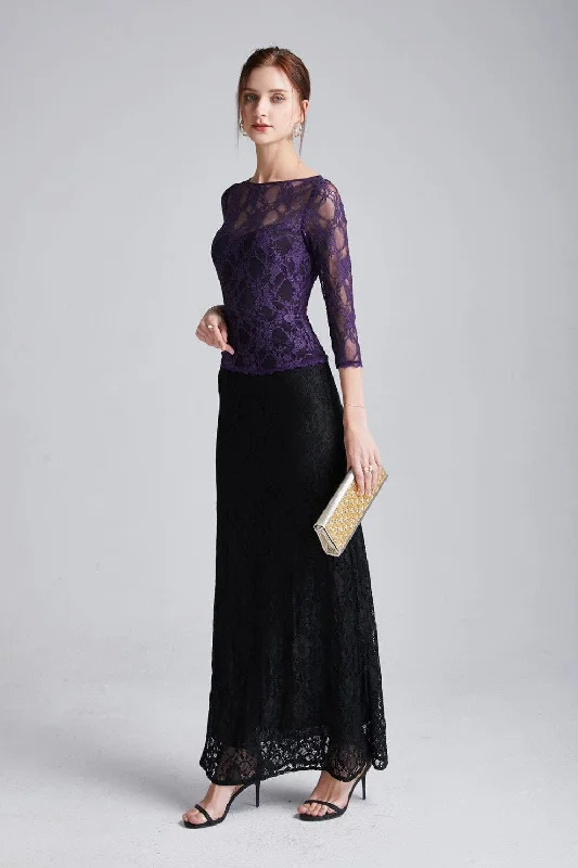 FashionSierra - 3/4 Sleeves Embroidery Lace Color Block Fashion Long Party Prom Dresses