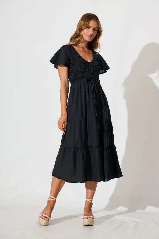 Callie Midi Dress in Black Linen Blend