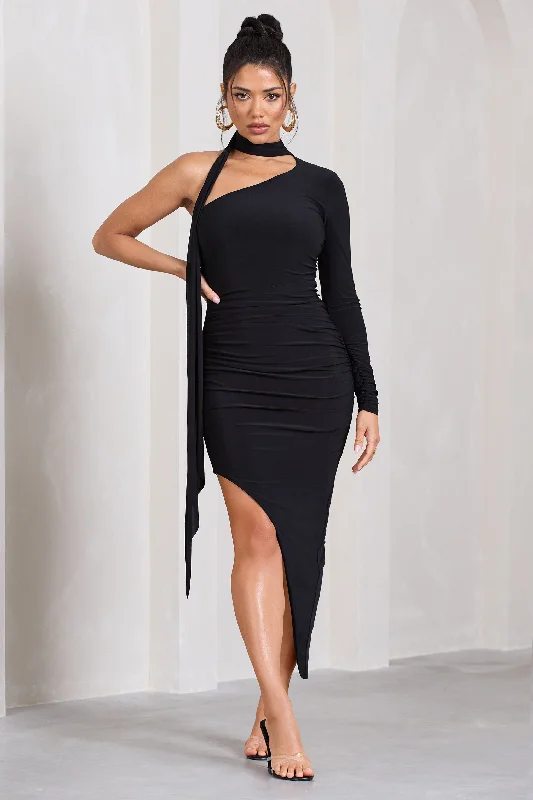 Firestorm | Black Asymmetric One-Sleeved Midi Dress With Scarf