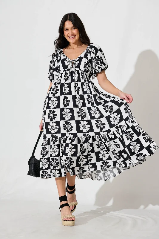 Marchena Midi Dress in Black and White Flower Print