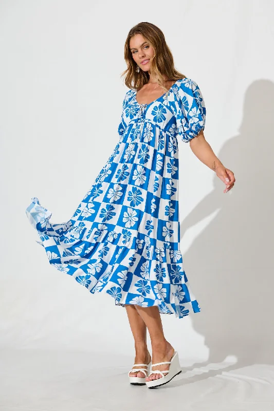 Marchena Midi Dress in Blue and White Flower Print