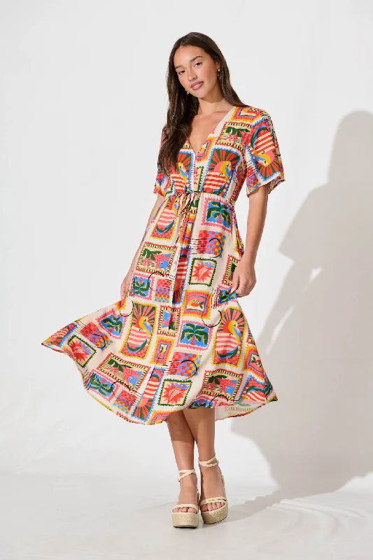 Melody Midi Dress In Bright Multi Postcard Print