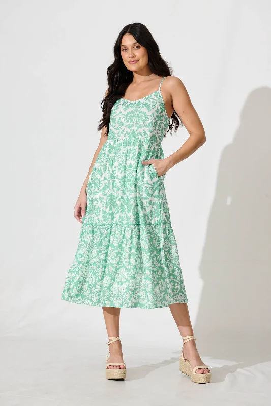 Pavarti Midi Sundress in Mint Green Floral Linen Blend