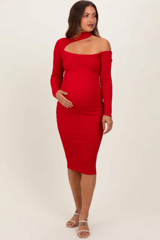 Red Mock Neck Cutout Maternity Fitted Midi Dress